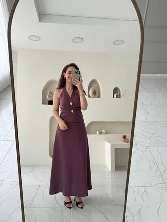 Mürdüm Halter Yaka Taş Düğme Detaylı Etekli Takım