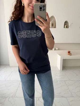 Lacivert Orijinal Marka Taş Baskılı T-Shirt
