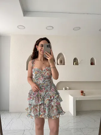Renkli Çiçekli Göğüs Kulplu Şifon Elbise