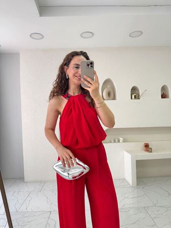 Kırmızı Boncuklu Halter Yaka Tulum