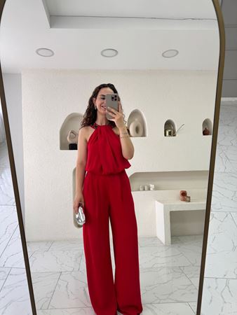 Kırmızı Boncuklu Halter Yaka Tulum