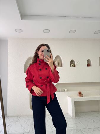 Kırmızı Premium Dik Yaka Kuşaklı Trençkot