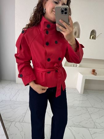 Kırmızı Premium Dik Yaka Kuşaklı Trençkot