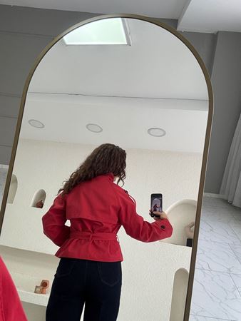 Kırmızı Premium Dik Yaka Kuşaklı Trençkot