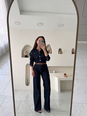 Lacivert Kemerli Önden Düğmeli Denim Tulum