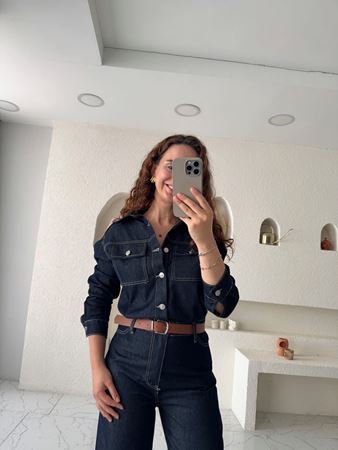 Lacivert Kemerli Önden Düğmeli Denim Tulum