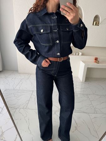 Lacivert Kemerli Önden Düğmeli Denim Tulum