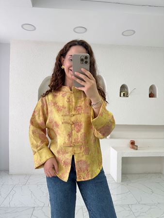 Sarı Çiçek Desenli Kimono Gömlek