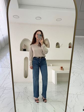 Mavi Kahve Kemerli Straight Jean