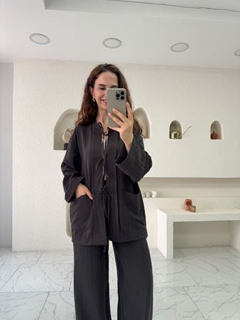 Kahverengi  Dokulu  Çin Düğme Detay Gömlek ve Beli Lastikli Takım