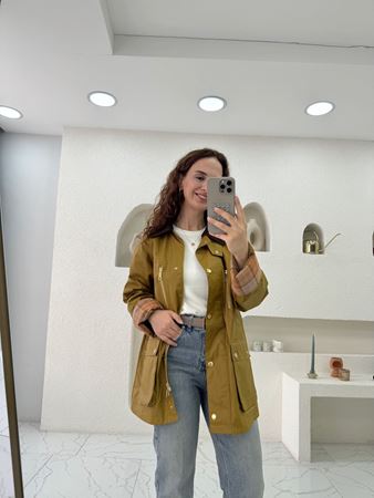 Premium Yağ Yeşili Yağlı Model Kadife Yaka Mont