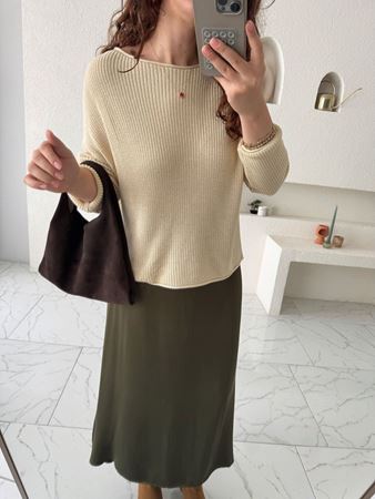 Taş Rengi Kayık Yaka Basic Triko