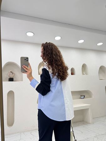 Lacivert Triko Detay Çizgili Tasarım Gömlek