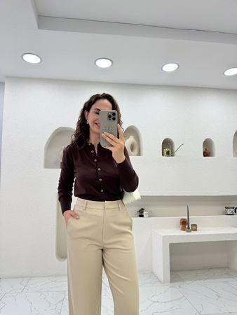M.D. Kahverengi Kemik Düğmeli Lyocell Kumaş Basic Hırka