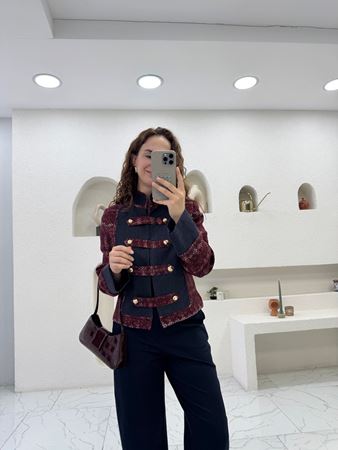 Bordo&Lacivert Gold Düğme Detaylı Etnik Desen Ceket