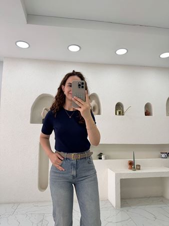 Lacivert Bisiklet Yaka Kısa Kol Triko Bluz