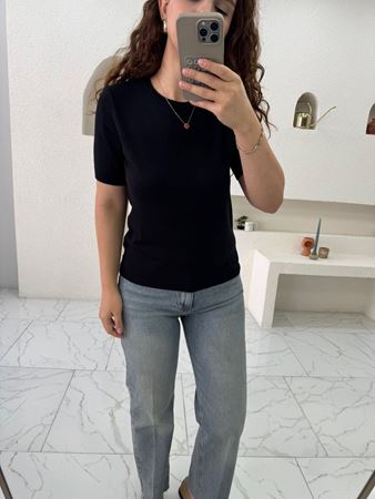 Siyah Bisiklet Yaka Kısa Kol Triko Bluz