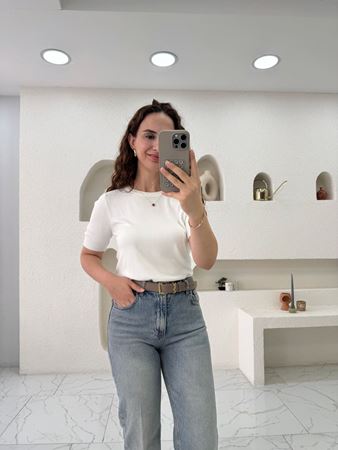 Ekru Bisiklet Yaka Kısa Kol Triko Bluz