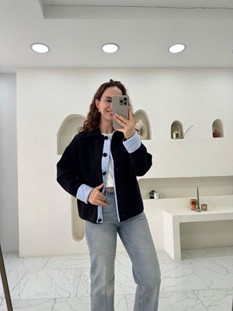 Siyah Garnili Poplin Çizgili Kaşe Ceket