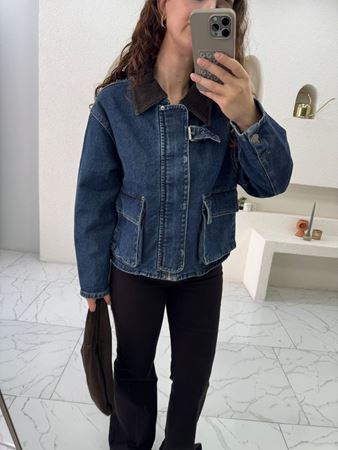 Lacivert Kadife Yaka Torba Cep Denim Ceket