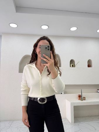 Ekru Polo Yaka Önü Düğmeli Triko Kazak