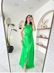 Yeşil Tasarım Yırtmaçlı Pamuk&Saten Elbise