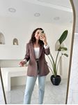 Kahverengi Astarlı Çizgili Premium Oversize Blazer Ceket