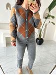 Camel-Antrasit Bakalava Desenli Vintage Silver Düğmeli Hırka