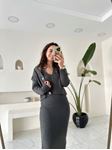 Antrasit Askılı Fitilli Elbise Hırka İkili Takım