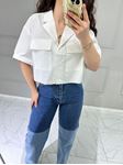 Beyaz Kapaklı Cep Detaylı Yarım Kollu Crop Gömlek