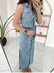 Orijinal Marka Mavi Önü Düğmeli Maxi Boy Denim Elbise