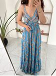 Mavi Etnik Desen Saten Premium Elbise