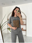 Antrasit Leopar Vogue Basıc T-Shirt