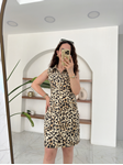 Leopar Sıfır Kol Denim Gömlek Elbise