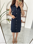 Lacivert Sıfır Kol Denim Gömlek Elbise