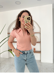 Pembe Polo Yaka Önü Fermuarlı Bluz