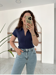İndigo Polo Yaka Önü Fermuarlı Bluz