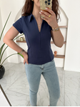 İndigo Polo Yaka Önü Fermuarlı Bluz