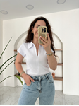 Beyaz Polo Yaka Önü Fermuarlı Bluz