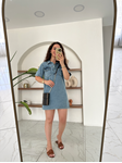 Mavi Polo Yaka Yıkamalı Denim Elbise