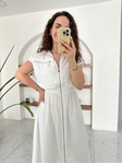 Beyaz Beli Lastikli Silver Fermuarlı Poplin Elbise