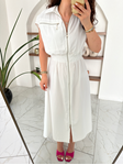 Beyaz Beli Lastikli Silver Fermuarlı Poplin Elbise