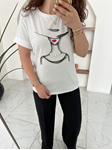 Ekru İncili Kız Figürlü Duble Kol T-Shirt