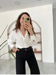 Beyaz Siyah Çizgili Dokulu Keten Gömlek