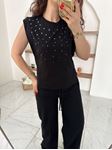Siyah Kolsuz Silver Taşlı T-Shirt