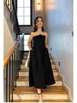 Siyah Gül Detaylı Straplez Midi Elbise