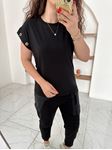 Siyah Düşük Kol Kuş Gözü Detay T-Shirt