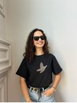 Marka Model Siyah Taşlı Kuş Figürlü T-Shirt