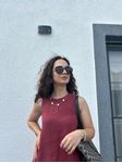 Bordo Cep Detaylı Keten Elbise