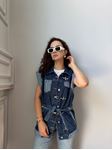 Mavi Kancalı Garnili Denim Yelek